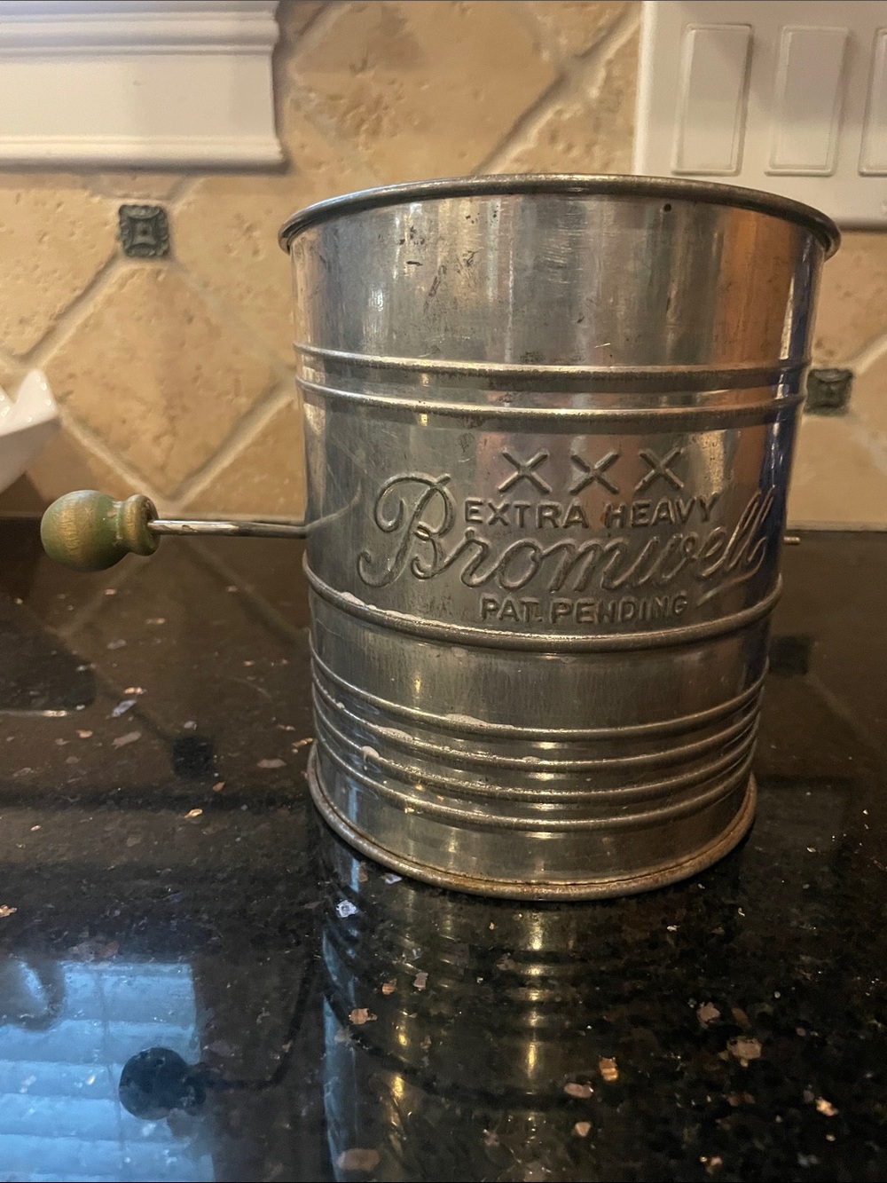 Vintage Bromwell Extra Heavy Metal Flour Sifter - Silver Green handle and crank